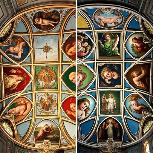 Dettaglio del soffitto della Cappella Sistina prima e dopo il restauro, mostrando i colori originali.