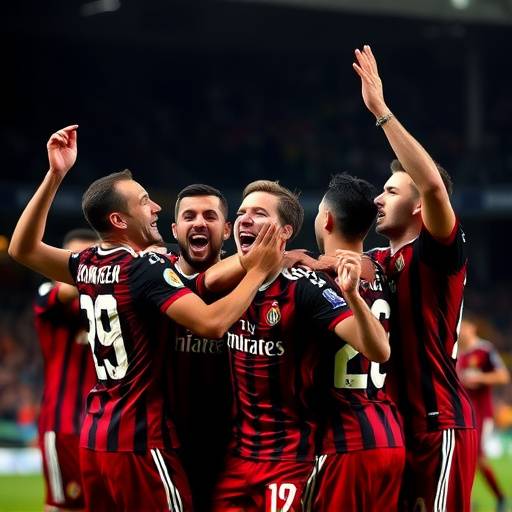 Giocatori del Milan che festeggiano la vittoria nel derby contro l'Inter allo stadio San Siro.