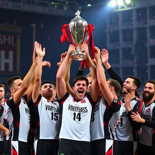 Giocatori della Virtus Bologna che alzano il trofeo del Campionato Italiano di basket.