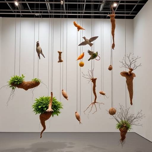 Installazione artistica alla Biennale di Venezia, con sculture sospese che rappresentano elementi naturali.