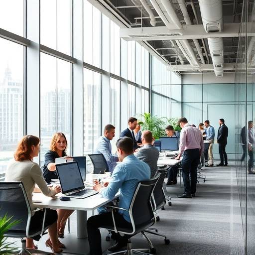 Persone che lavorano in un ufficio moderno con computer e documenti.