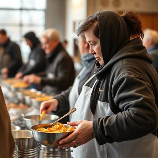 Un volontario che distribuisce cibo a persone bisognose in una mensa sociale, simbolo della lotta alla povert&agrave; e all'emarginazione