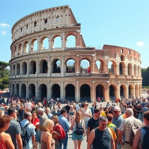 Una folla di turisti davanti al Colosseo a Roma, in una giornata di sole.